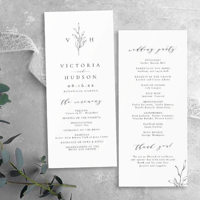 Programme Mariage monogramme feuille d'élégance simple (Simple elegance botanical leaves monogram wedding program)