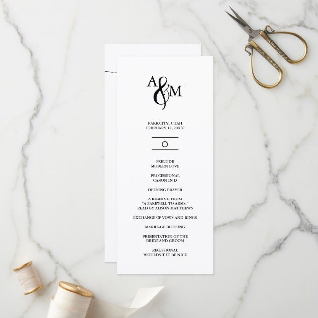Programme Mariage Monogramme Moderne Noir & Blanc (Devant/Arrière en situation)