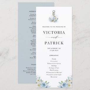 Programme Mariage nautique à l'ancre florale aquarelle bleue
