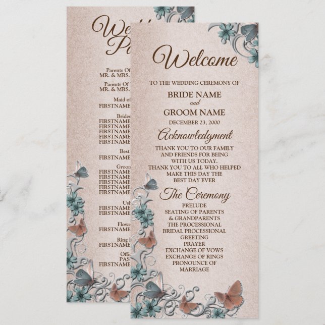 Programme Mariage Papillon Cuivre Floral Argent Sarcelle Tan (Devant / Derrière)