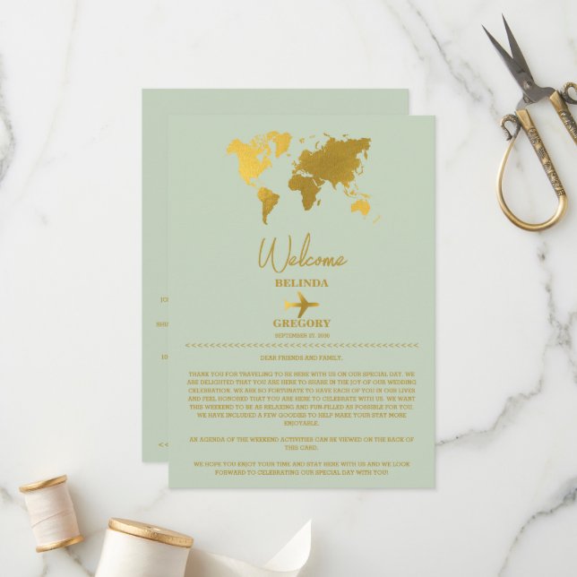 Programme Mariage Passport Sage Green Gold Itinéraire (Devant/Arrière en situation)