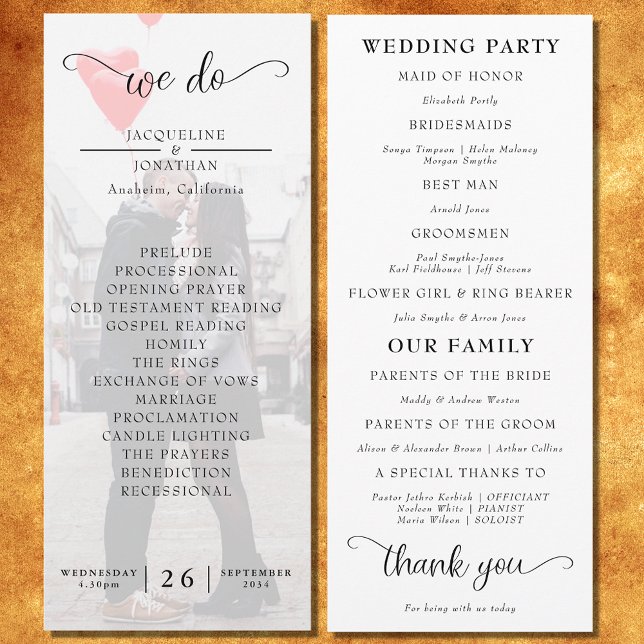 Programme Mariage photo moderne simple et élégant (Day of wedding program with opaque phot on the front.)