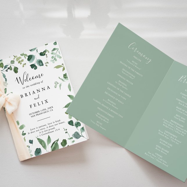 Programme Mariage plié du script de calligraphie vert (Créateur téléchargé)
