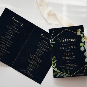 Programme Mariage plié vert bleu or géométrique