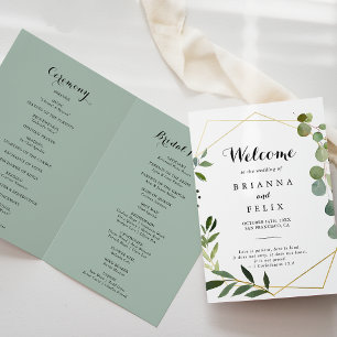 Programme Mariage plissé vert tropical d'or géométrique