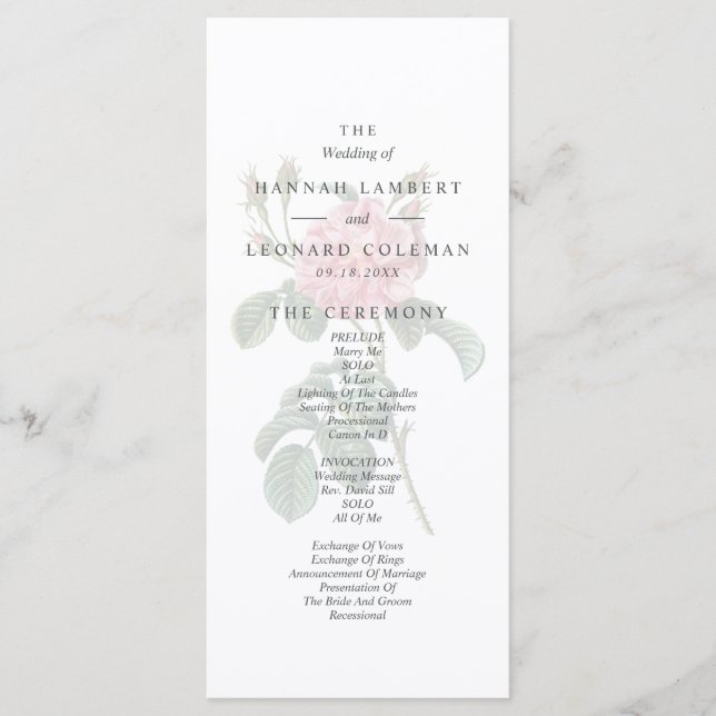 Programme Mariage simple Rose traditionnel (Devant)
