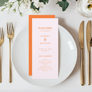 Programme Mariage stylé de typographie rose et orange