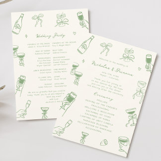 Programme Mariage vert Doodle tiré à la main