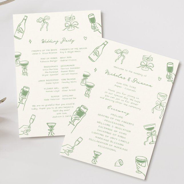 Programme Mariage vert Doodle tiré à la main (Créateur téléchargé)