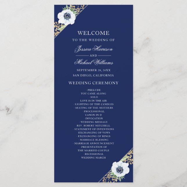 Programme Marine bleu Floral Élégant Anemone Bouquet Mariage (Devant)