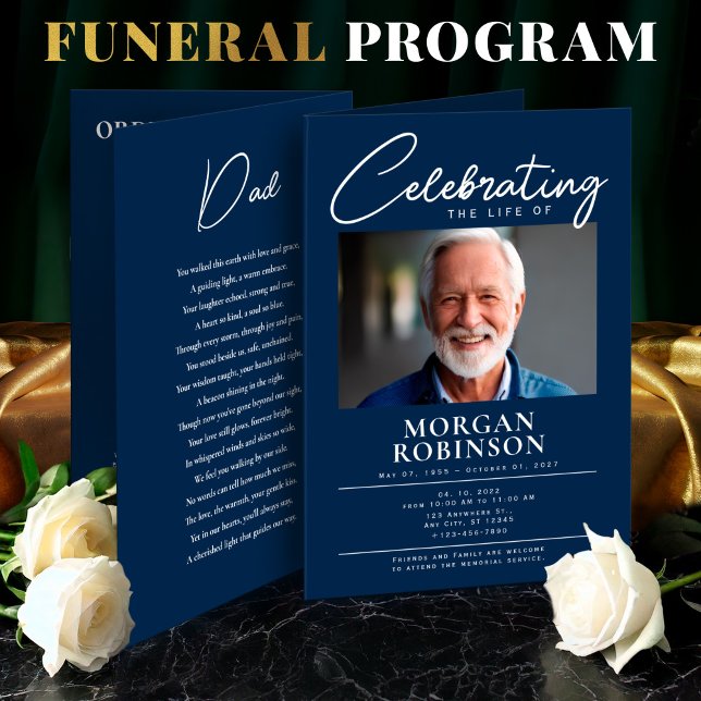 Programme Marine Blue Célébration de la vie Photo Funéraille (Elegant Funeral Program Foldable – Celebration of Life,Obituary,Photo Collage, Order  of Service)