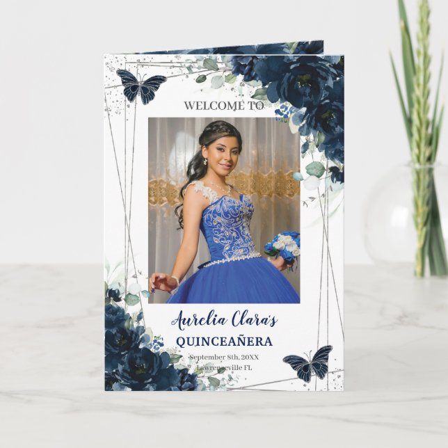 Programme Marine Blue Floral Argent Quinceañera Ordre de l'é (Devant)
