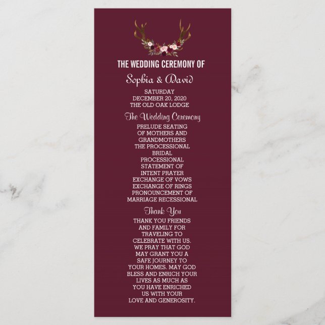Programme Marsala de Bourgogne Floral Antlers Mariage (Devant)