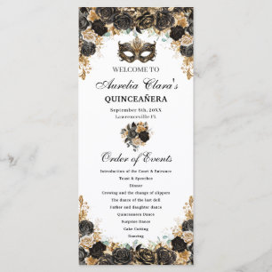 Programme Masque de bal floral en or noir pour Quinceañera
