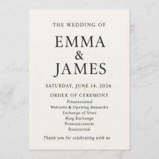 Programme Minimal Elegant Wedding Program | Ivory Ceremony