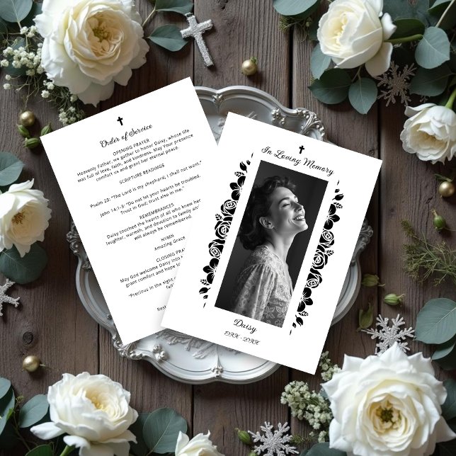 Programme Minimalist Exquisite Floral Black & White Floral (Exquisite Minimalist Floral Black & White Floral Garlands Funeral Programs.)