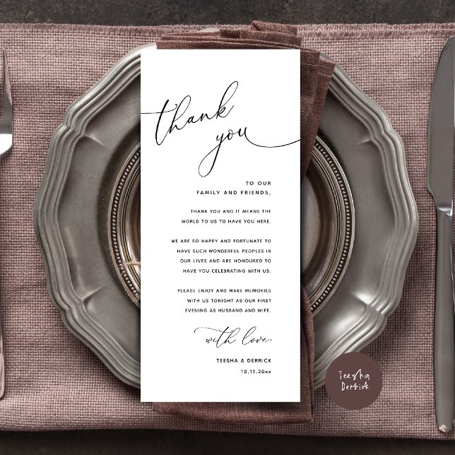 Programme Minimalist Wedding Place Setting Thank You Card (Welcome n Thanks Wedding Reception Dinner Brunch Lunch Thank You Card in Black White)
