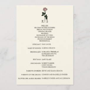 Programme minimaliste de mariage rose monogramme