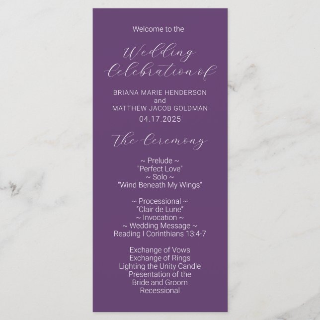 Programme minimaliste de mariage violet Script (Devant)