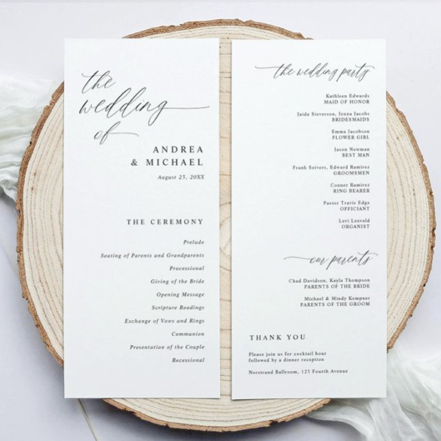 Programme Modern Ceremony Script Calligraphy Elegant Wedding (Elegant wedding programs in modern black and white calligraphy script.)