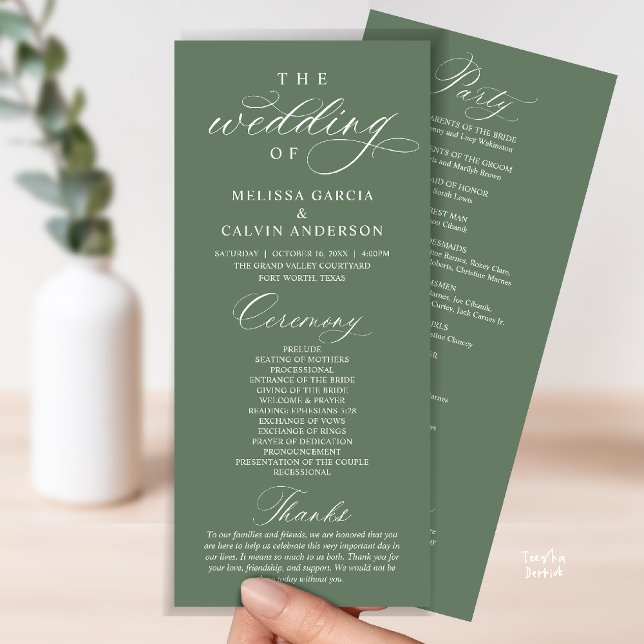Programme Modern Classy Elegant Wedding Ceremony (Modern Classy Elegant Wedding Ceremony Program card sage green)