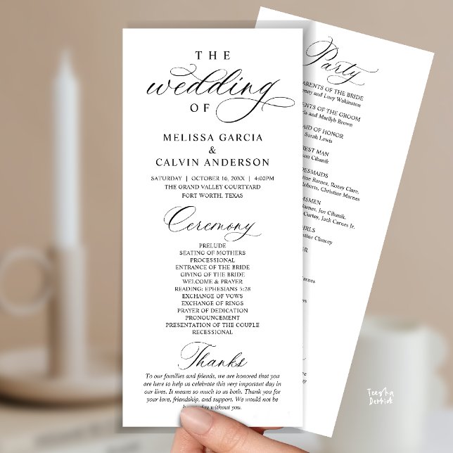 Programme Modern Classy Elegant Wedding Ceremony (Modern Classy Elegant Wedding Ceremony Program card black and white)