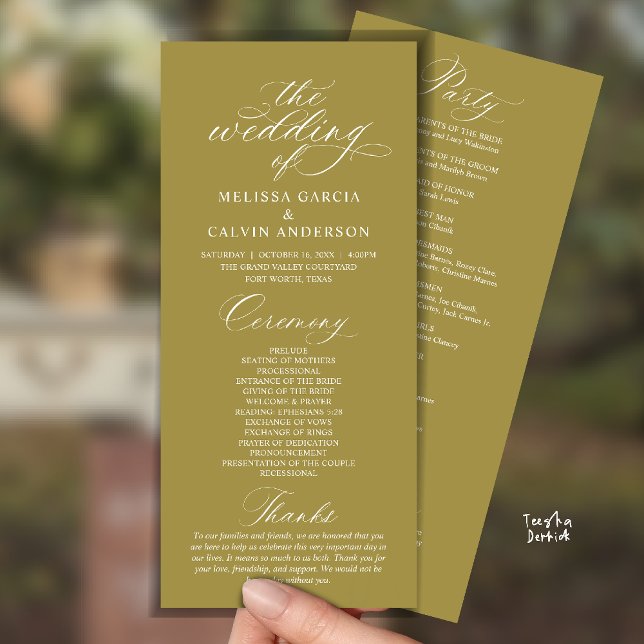 Programme Modern Classy Elegant Wedding Ceremony (Modern Classy Elegant Romantic Wedding Ceremony Program Card in Yellow Gold)