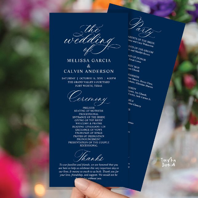 Programme Modern Classy Elegant Wedding Ceremony (Modern Classy Elegant Romantic Wedding Ceremony Program Card in Navy Blue)