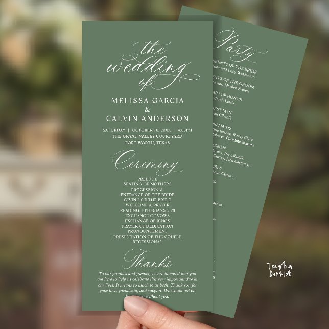 Programme Modern Classy Elegant Wedding Ceremony (Modern Classy Elegant Romantic Wedding Ceremony Program Card in Sage Green)