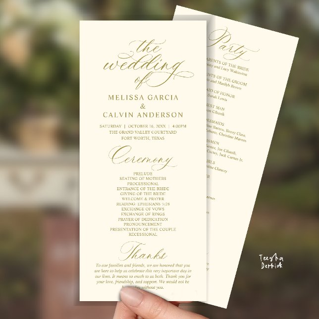 Programme Modern Classy Elegant Wedding Ceremony (Modern Classy Elegant Romantic Wedding Ceremony Program Card in yellow gold)