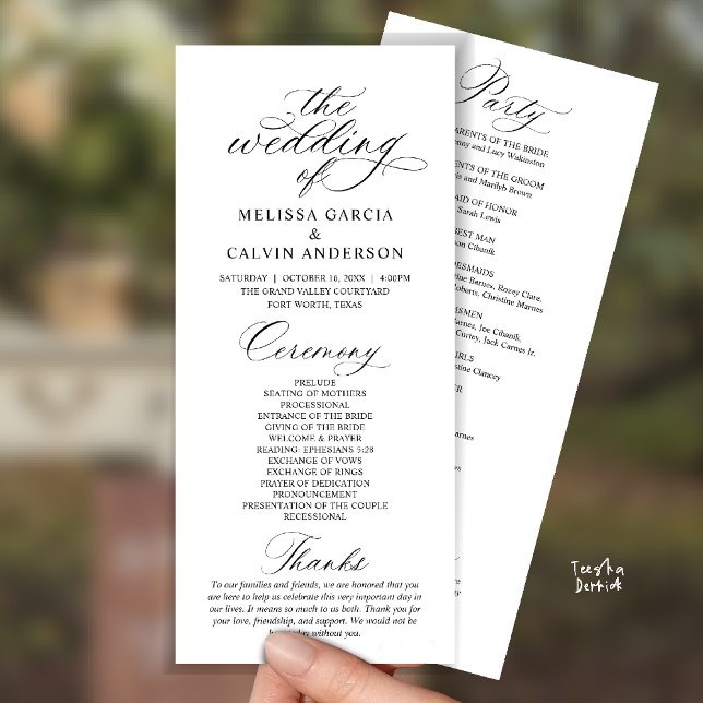 Programme Modern Classy Elegant Wedding Ceremony (Modern Classy Elegant Romantic Wedding Ceremony Program Card in Black and white)