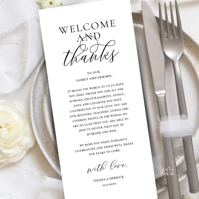 Programme Modern Classy Wedding Reception Thank You Card (Modern Classy Wedding Reception Dinner Brunch Lunch Thank You Card in black and white)