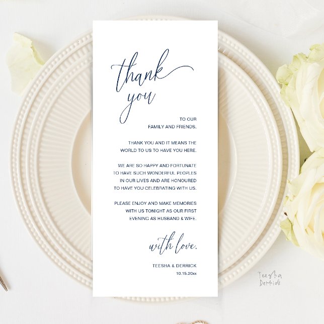 Programme Modern Minimalist Wedding Reception Thank You Card (Modern Minimalist Wedding Reception Thank You Card in Classy Navy Blue)
