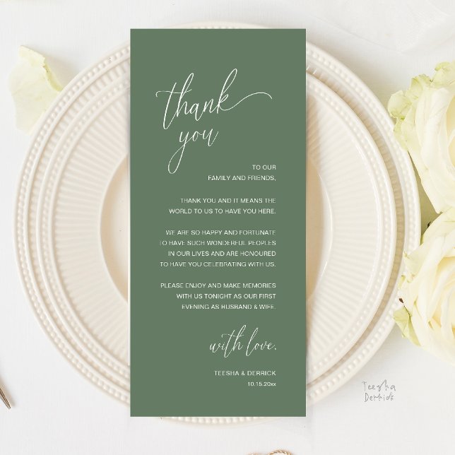 Programme Modern Minimalist Wedding Reception Thank You Card (Modern Minimalist Wedding Reception Thank You Card in Classy Sage Green)