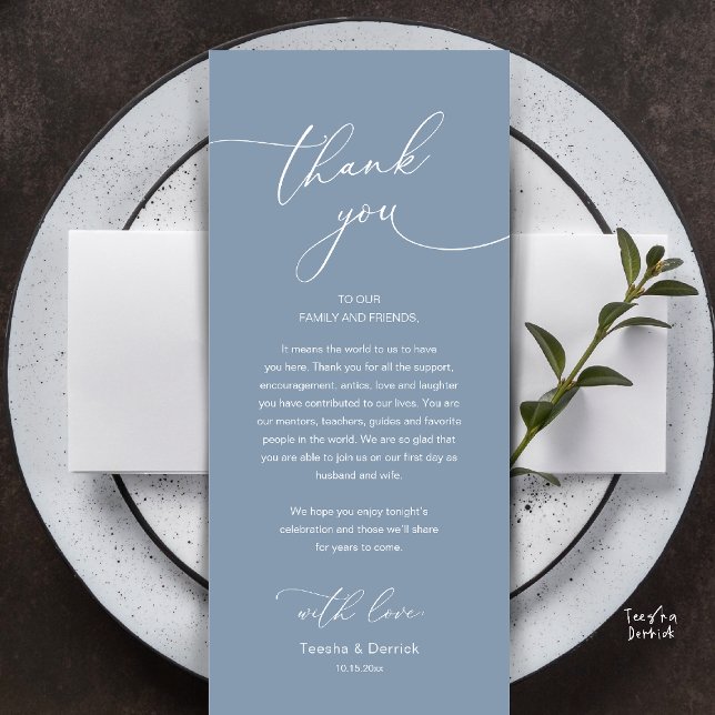 Programme Modern Romantic Wedding Reception Thank You Card (Modern Romantic Wedding Reception Thank You Card, plate decoration, in Dusty Blue)