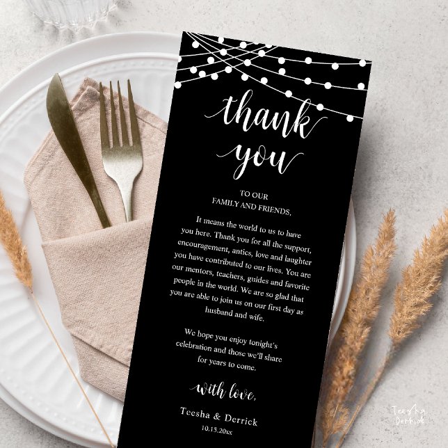 Programme Modern Rustic Wedding Dinner Thank You Card (Modern Rustic Wedding Dinner Thank You Card Reception Reception String Lights Black White)