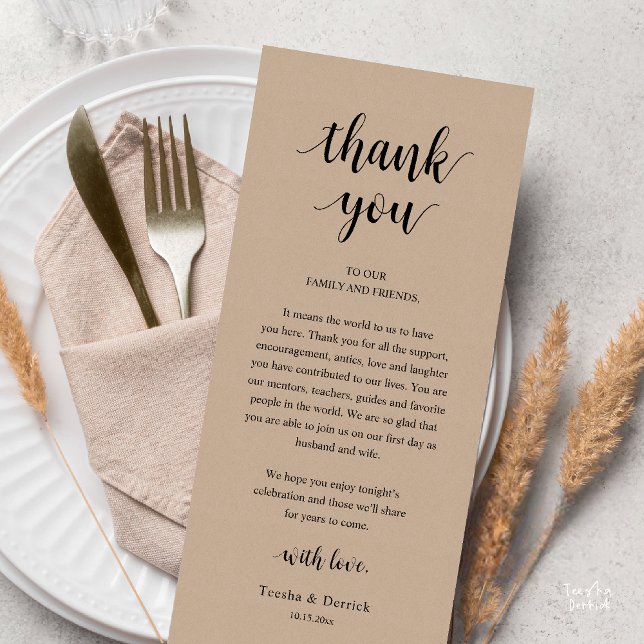 Programme Modern Rustic Wedding Dinner Thank You Card (Modern Rustic Wedding Dinner Thank You Card Reception Lunch Brunch Reception in Brown Kraft)