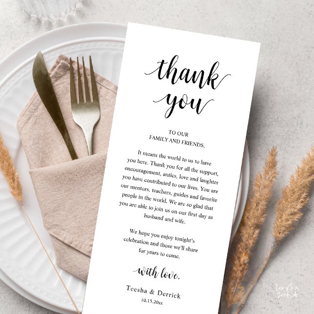 Programme Modern Rustic Wedding Dinner Thank You Card (Modern Rustic Wedding Dinner Thank You Card Reception Lunch Brunch Reception in Black and White)