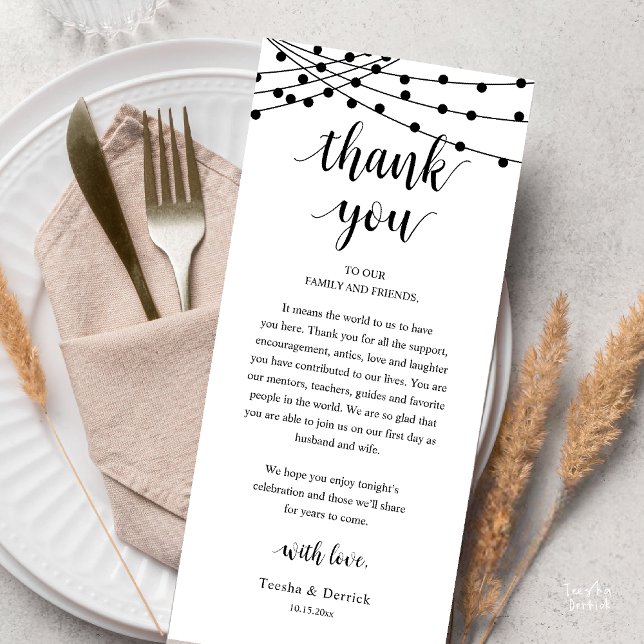 Programme Modern Rustic Wedding Dinner Thank You Card (Modern Rustic Wedding Dinner Thank You Card, Reception string lights, Black and White)