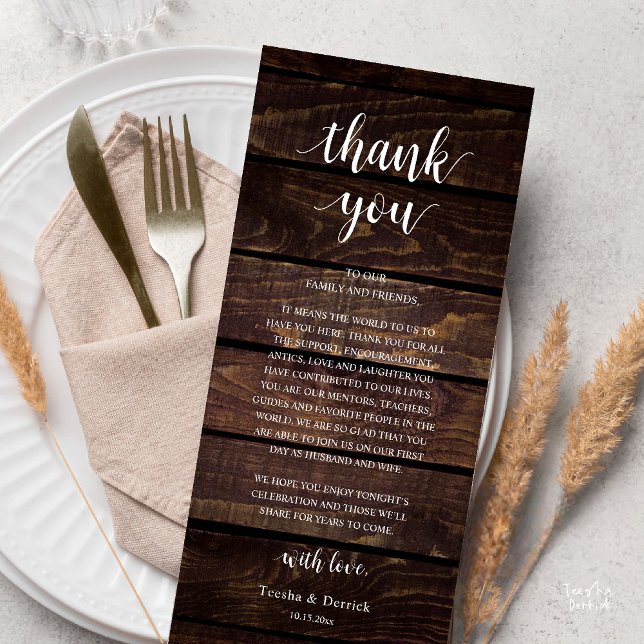 Programme Modern Rustic Wedding Reception Thank You Card (Modern Rustic Wedding Dinner Thank You Card Reception Lunch Brunch Reception in Cottage Dark Wood)
