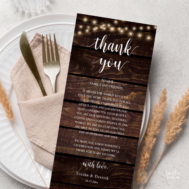Programme Modern Rustic Wedding Reception Thank You Card (Modern Rustic Wedding Dinner Thank You Card Reception Reception String Lights Dark Brown Wood)