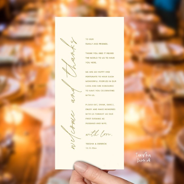 Programme Modern Wedding Reception Dinner Thank You Card (Welcome and thanks, Modern Wedding Reception Dinner Thank You card, family friends in yellow gold)