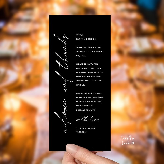 Programme Modern Wedding Reception Dinner Thank You Card (Welcome and thanks, Modern Wedding Reception Dinner Thank You card, family friends in white black)