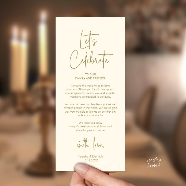 Programme Modern Wedding Reception Dinner Thank You Card (Modern Classy Wedding Reception Dinner Thank You Card in Yellow Gold)
