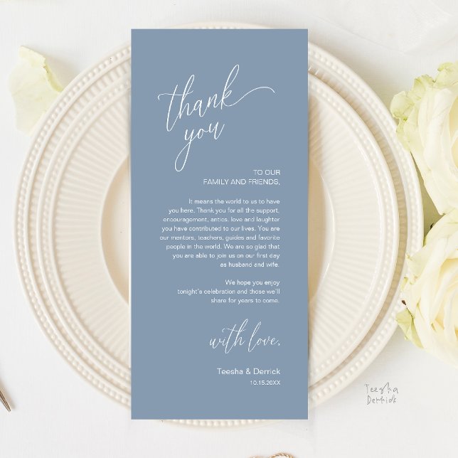 Programme Modern Wedding Reception Dinner Thank You Card (Modern Wedding Reception Dinner Thank You Card in Dusty Blue)