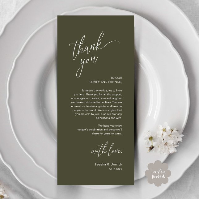 Programme Modern Wedding Reception Dinner Thank You Card (Modern Wedding Reception Dinner Thank You Card in Olive Green)