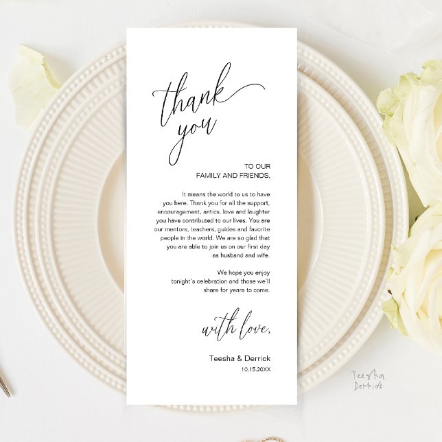 Programme Modern Wedding Reception Dinner Thank You Card (Modern Wedding Reception Dinner Thank You Card in Black and White)