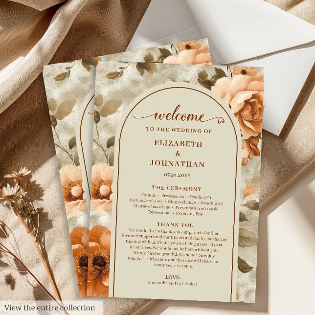 Programme Moderne Boho Brûlé Orange Beige Sage Jour de Maria (Modern Boho Burnt Orange Beige Sage Wedding Program)