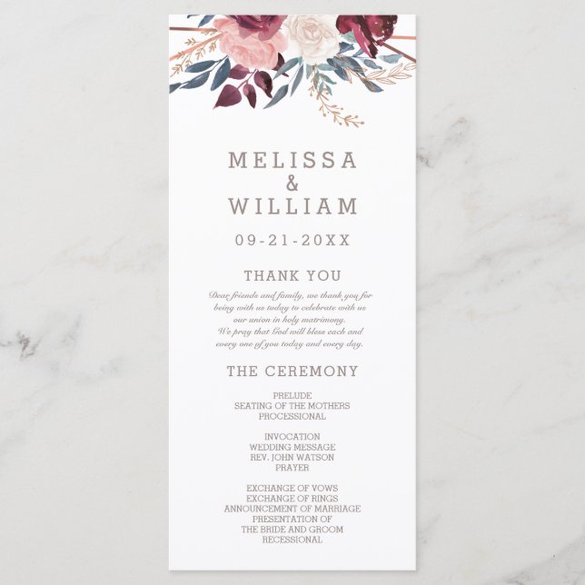 Programme Moderne Bourgogne Floral Ivory Mariage géométrique (Devant)