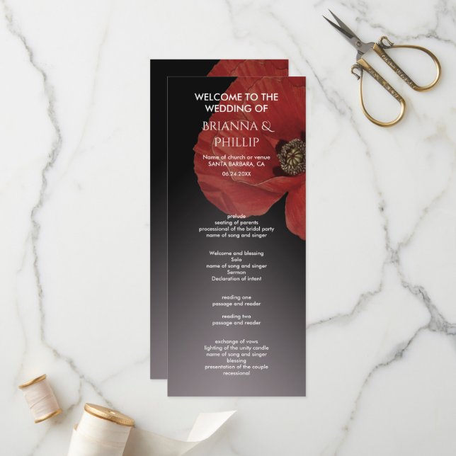 Programme moderne de mariage floral de pavot rouge (Devant/Arrière en situation)